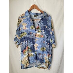 Monzini Collection Men's XL Blue Hawaiian Beach Scene Button Down Shirt Casual